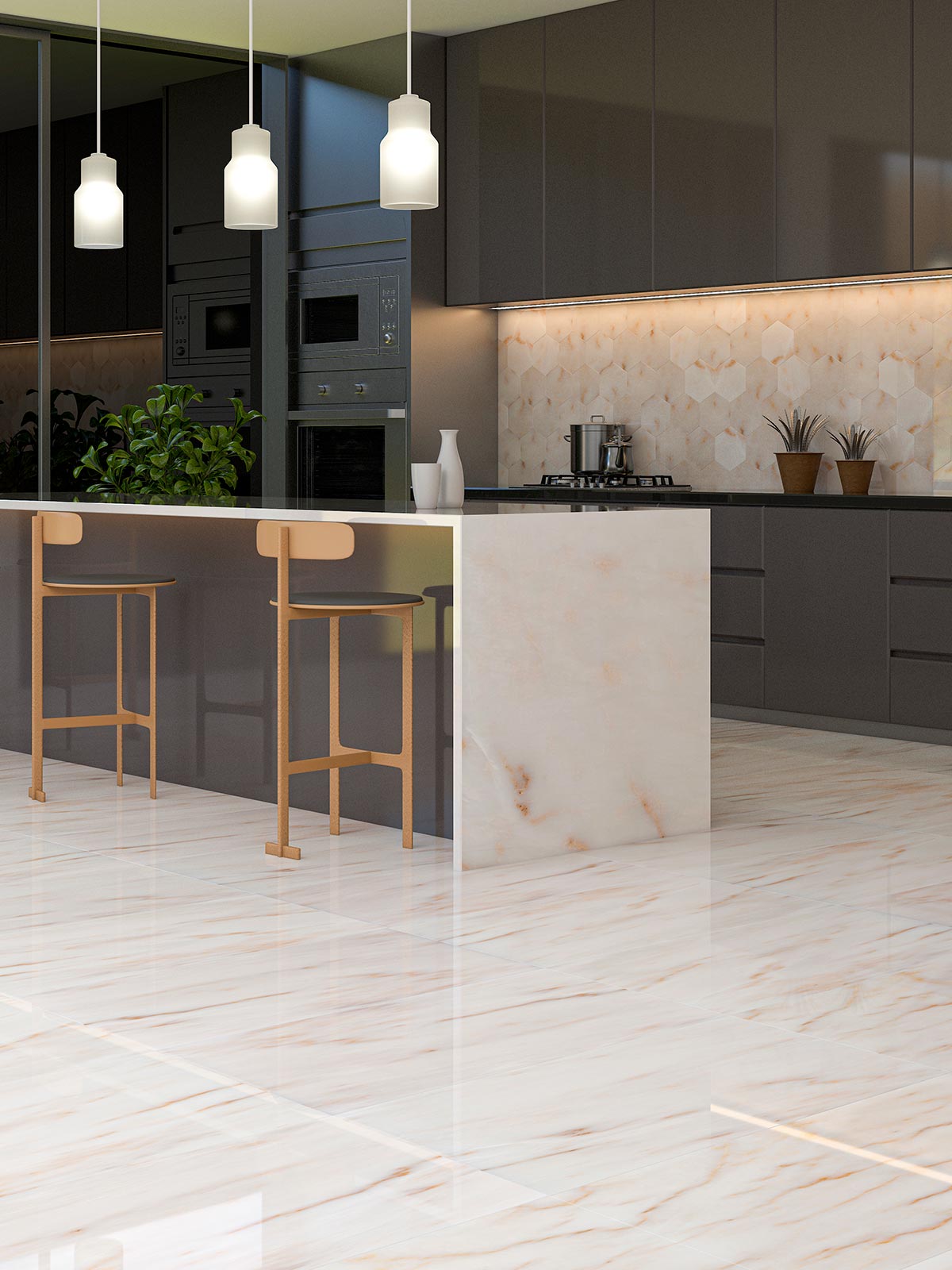 Afyon Sugar Marble kullanılan modern mutfak tasarımı